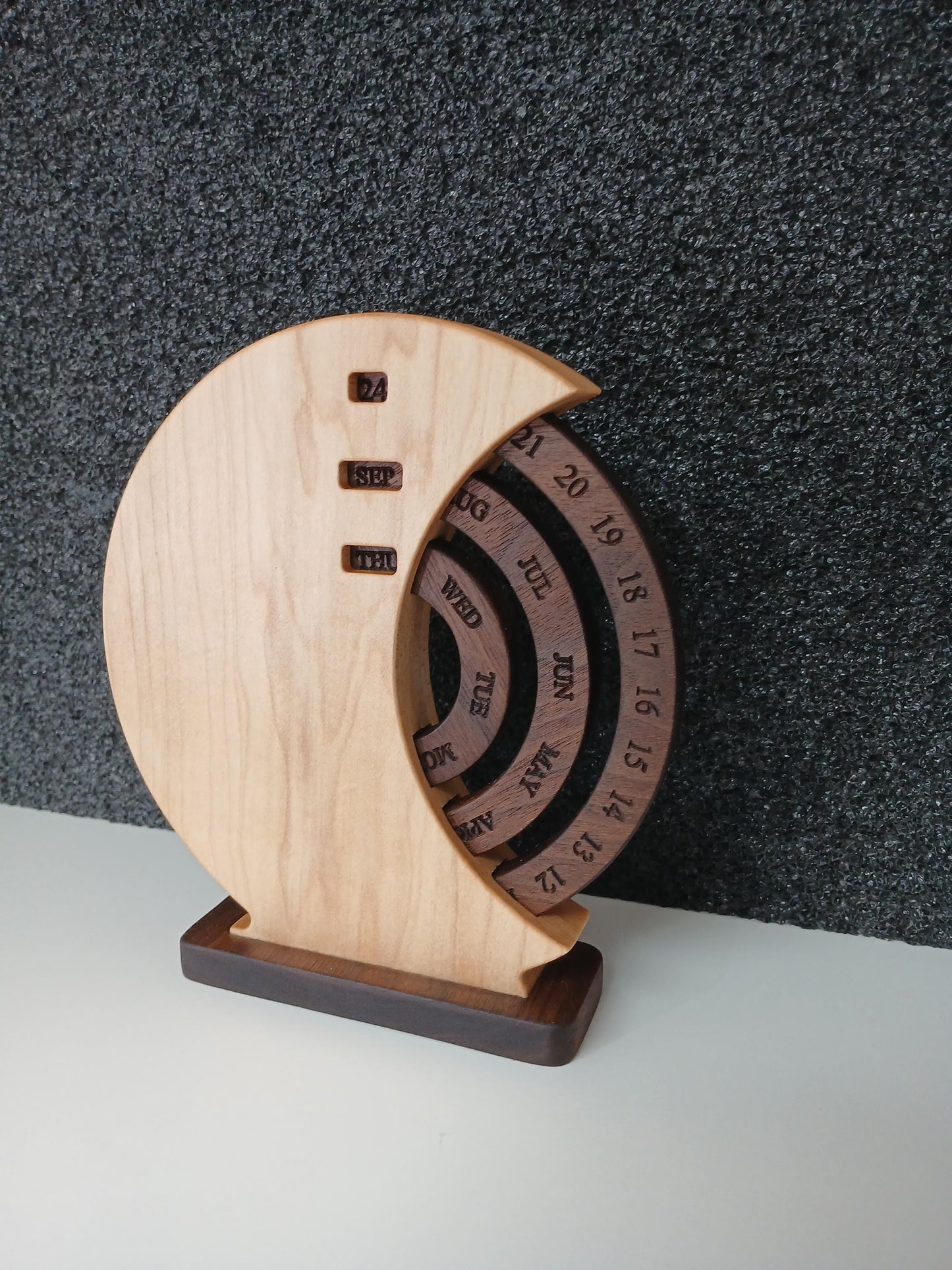 Hard Appalachian Maple Desk Calendar with Dark Walnut Stand and Rings.