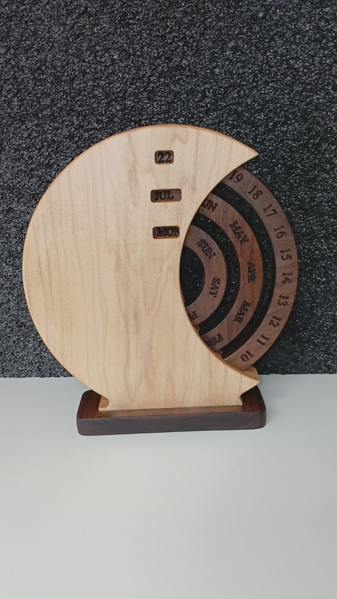 Video showing the Calendar in use. Wooden Perpetual Calendar with Maple shell and walnut rings and base. Beautiful home decor made in Taos New Mexico in the United States. Finished with natural oil and beeswax.